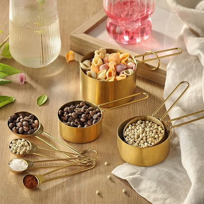 Measuring Cups and Spoons Set, Kaloo 8PCS Stainess Steel Metal Measuring Cups, Gold Finish, Ideal for Cooking and Baking