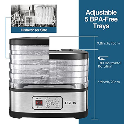 OSTBA Food Dehydrator, 5 Trays, 240W Dryer for Jerky, Fruit & Snacks
