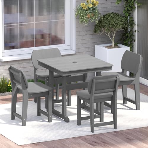 BIVODA 5-Piece HDPE Outdoor Dining Set, Weatherproof Patio Table and Chairs Set for 4, Includes 1 Square Table and 6 Armless Chairs, with Umbrella Hole (Grey)