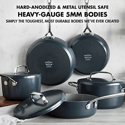 GreenPan GP5 Hard Anodized Healthy Ceramic Nonstick 14 Piece Cookware Pots and Pans Set,Heavy Gauge Scratch Resistant,Stay-Flat Surface, Induction, Mirror Finish Handle,Oven Safe,PFAS-Free,Slate