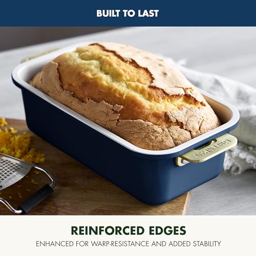 GreenPan Bakeware Set, 7 Piece Nonstick Ceramic Gold Handle Baking Sheets, Cake Pans, Loaf Pan, Muffin Tin, Cooling Rack, PFAS & BPA Free, Freezer to Oven Dish, Bake & Roast Ovenware, Oxford Blue