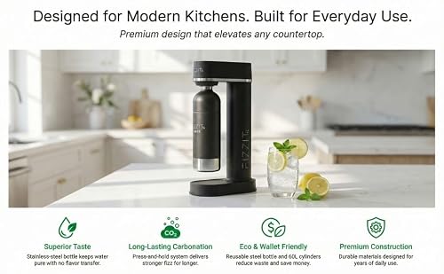 Fizzit Sparkli Carbonated Soda Maker with 1L Stainless Steel Bottle | Customizable Carbonation | Soda Streaming Fizzy Water Machine | Luxury Bubbles, Dishwasher Safe & Eco-Friendly Reusable Bottle