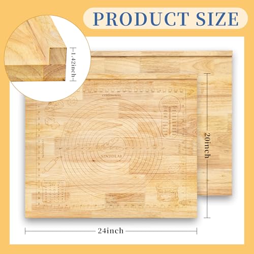 Wooden Pastry Board with Measurement, 24'' x 20'' Wood Kneading Board, 2-in-1 Rubber Wood Pastry Board and Chopping Board with Side Lip and Engraved Ruler