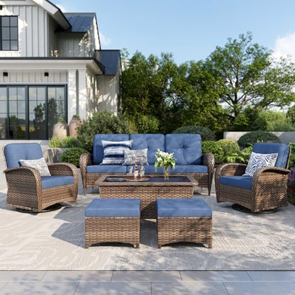 PHI VILLA Patio Furniture Set, 6 Pieces Wicker Outdoor Conversation Set with 2 High Back Patio Swivel Chairs, 3-Seat Rattan Patio Sofa Couch, 2 Muti-Functional Ottomans (Navy Blue Cushions)