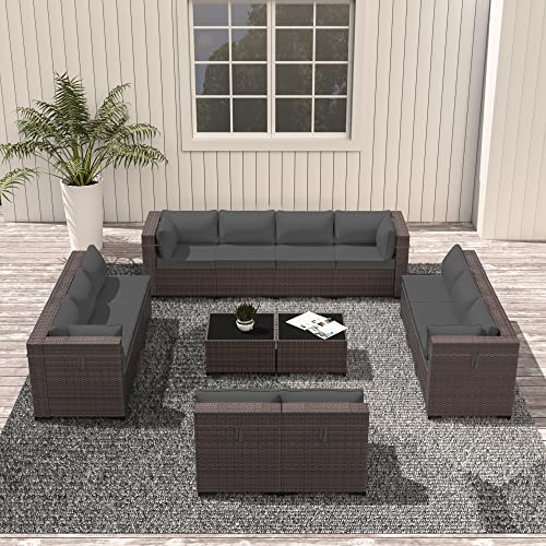 ASJMR Outdoor Patio Furniture Set, 14 Pieces Outdoor Sectional Furniture Patio Sofa, All-Weather PE Rattan Patio Conversation Set with Tempered Glass Top Table & Cushions(Grey).
