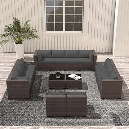 ASJMR Outdoor Patio Furniture Set, 14 Pieces Outdoor Sectional Furniture Patio Sofa, All-Weather PE Rattan Patio Conversation Set with Tempered Glass Top Table & Cushions(Grey).