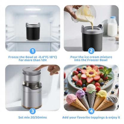 BRIOBITE Ice Cream Maker,Rechargeable Soft Ice Cream Machine with Low Noise,Compact for 1-2 Servings,Perfect for Sorbet,Gelato,Frozen Yogurt,Silver