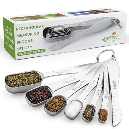 Spring Chef Stainless Steel Measuring Spoons Set of 7 with Leveler, Rectangular Metal Teaspoon & Tablespoon Measuring Spoons for Dry & Liquid Ingredients - Nesting Kitchen Gadgets For Baking & Cooking