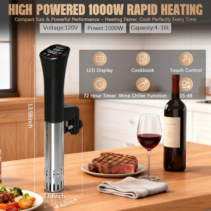 CATTLEMAN Sous Vide Cooker, Wine Chiller, 1000W, Immersion Circulator Sous Vide Machine, Suvee Cooker with Accurate Temperature & Timer, Fast Heating, Cookbook, Easy to Store, Home Kitchen Use