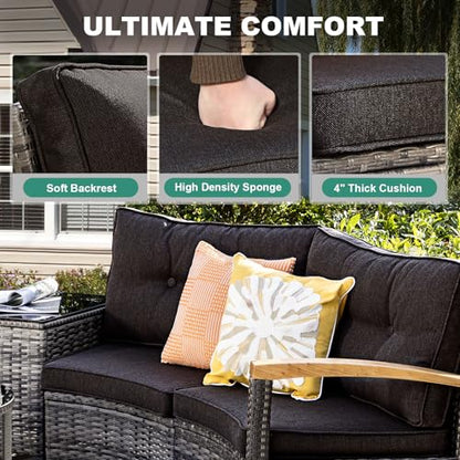 MEISSALIVVE 9-Piece Half-Moon Curved Outdoor Patio Furniture Set, Sectional Conversation Sofa with Wood Armrests, Coffee & Side Tables for Backyard Deck Garden, Black