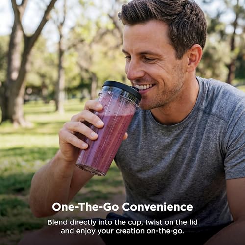 Ninja Nutri-Plus Personal Blender | Compact Push to Blend | Make Frozen Drinks, Smoothies, Sauces & More | With (3) 20 oz. To-Go Cups, (2) Spout-Lids & (1) Storage-Lid | 900 Peak Watt | Silver | BN301
