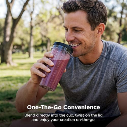 Ninja Nutri-Plus Personal Blender | Compact Push to Blend | Make Frozen Drinks, Smoothies, Sauces & More | With (3) 20 oz. To-Go Cups, (2) Spout-Lids & (1) Storage-Lid | 900 Peak Watt | Silver | BN301