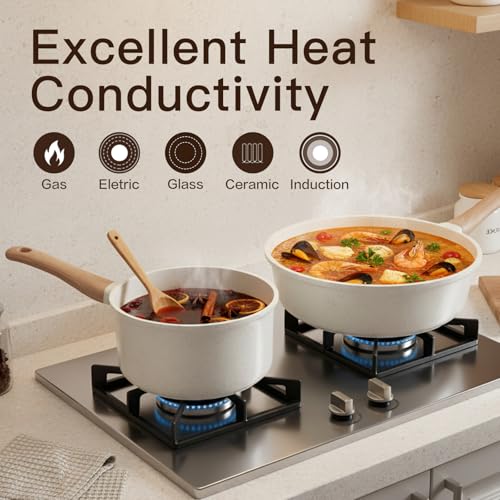 USELUCK Pots and Pans Set Non Stick Non-Toxic 22 Pcs Ceramic Cookware Sets Nonstick Kitchen Pot&Pan With Lid Cream White Granite Induction Compatible with Glass Lids Crepe Frying Pan PFOA/PFOS-Free