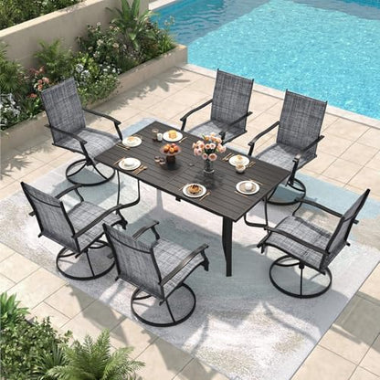 DSNAPE 7 Pieces Patio Table and Chairs Set, 63" Metal Dining Table with Umbrella Hole, 6 High Back Textilene Swivel Chairs, Dining Table Set for 6, Outdoor Furniture for Porch Deck Yard Balcony, Grey