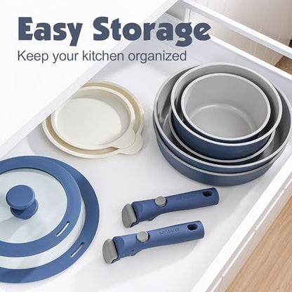 SENSARTE 24 Piece Ceramic Pots and Pans Set, Nonstick Detachable Handle Cookware, Induction Kitchen Cookware Set with Removable Handle, Healthy Non Stick for RV, Dishwasher＆Oven Safe, PFOA Free (Navy)