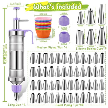 NOVANO Dessert Decorating Syringe Set, Frosting Piping Kit Stainless Steel Cake Decorating Kit with 54 Piping Tips & 9 Silicone Cupcakes, Cupcake Decorating Kit Piping Bags and Tips Set