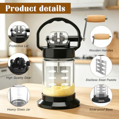 Upgraded 1L Manual Butter Churner with Non-Slip Base & Finger-Safe Handle