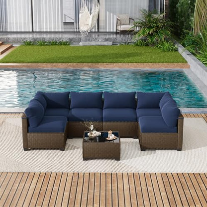 LOUVIXA 7 Piece Outdoor Patio Furniture Set, Outdoor Sectional Sofa, Wicker Rattan Patio Furniture, Patio Conversation Set with Coffee Table & Cushions