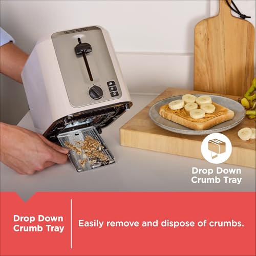 BLACK+DECKER 2-Slice Toaster, Extra-Wide Slots, 7 Shade Settings, Bagel & Frozen Functions, Removable Crumb Tray, Baked Stone