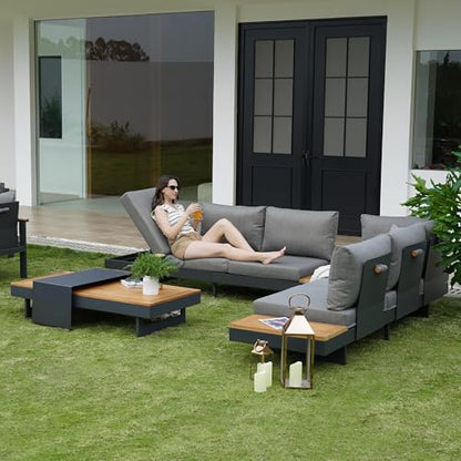 homary Outdoor Conversation Sets, 6 Piece Aluminum & Teak Patio Sectional Sofa Set with Adjustable Backrests, Waterproof Cushions, Ideal for Patios & Balconies