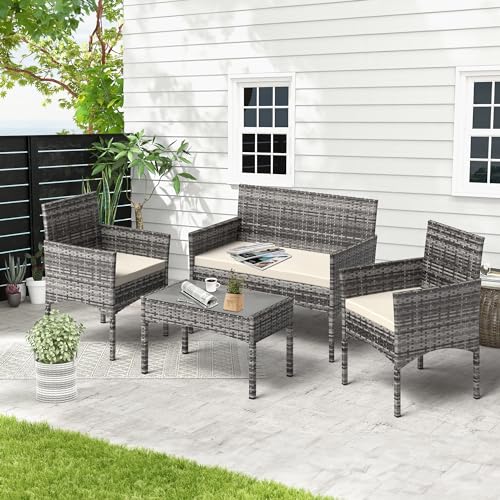 BUPPLEE 4 Pieces Patio Furniture Set, Outdoor Wicker Rattan Patio Conversation Furniture Set with Waterproof Cushion and Table for Lawn Poolside Backyard Garden Balcony Porch