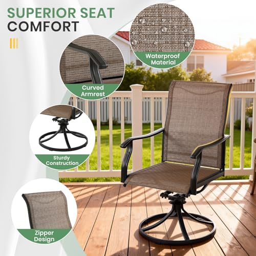 LVUYOYO 5-Piece Outdoor Patio Dining Set, Textilene Swivel Chairs & Round Table Set, All-Weather Table and Chairs Set with Umbrella Hole for Backyard, Garden,Balcony,Porch (Brown)