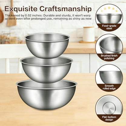 Gronivex Stainless Steel Mixing Bowls Set of 3 (1.5, 2.2 & 3.4 Qt) – Food Grade 304, Thicker-Gauge, Stackable Nesting – Classic Everyday Set for Baking, Salad Prep & Cooking
