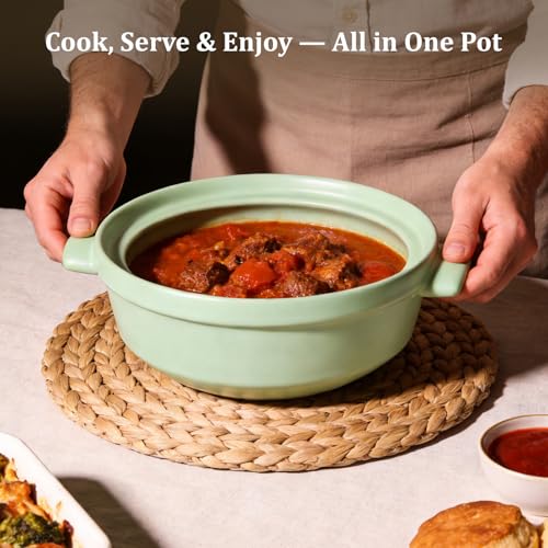Magnifique 3 Quart Flami Pot with Lid, Natural Clay Pot for Cooking, Non-Toxic PFAS-Free Casserole Dish for Oven & Stovetop, Dutch Oven for Slow Cooking, Baking & Serving, Mint