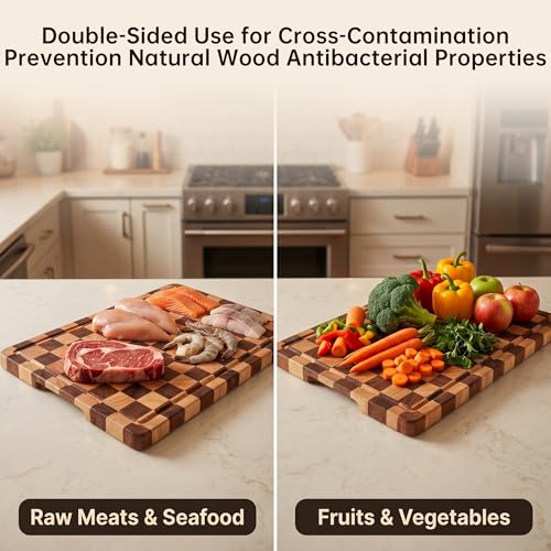 THETCHRY Cutting Boards for Kitchen, Checkered Cutting Board Upgraded, Acacia Wood Chopping Board with Juice Grooves & Handles, Large Butcher Block Serving Tray with Gift Box, 17"X12"X0.8"