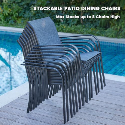 VICLLAX 5 Pieces Patio Dining Set, Patio Furniture Set of 4 Patio Stackable Chairs and Outdoor Metal Square Table with Umbrella Hole for Backyard Lawn Garden, Dark Grey Chairs and Dark Grey Table