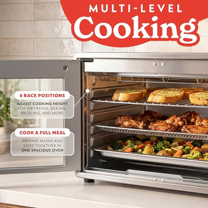 Gourmia French Door Air Fryer Oven - 37 Qt Large Capacity Convection Toaster Oven, FryForce 360°, Digital Display, 12 Cooking Presets, Dehydrate, Fits 13” Pizza, Dishwasher-Safe, Stainless Steel