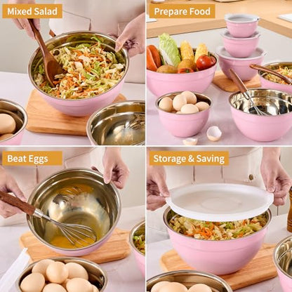 Moxinox Pink Mixing Bowls with Airtight Lids, Stainless Steel Nesting Mixing Bowls Set of 7, Ideal for Baking, Prepping and Serving Food, Size 7, 3.6, 2.7, 2.1, 1.5, 1.1,0.8 QT, Stackable Design