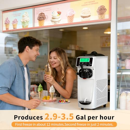 Ice Cream Machine – 3.5 Gals/H Single Flavor Ice Cream Maker 5 Inch Screen Soft Serve Ice Cream Machine with Pre-Cooling Soft Serve Machine with 1.6 Gals Tank for Home, Parties,Cafés,and School