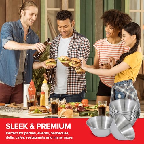 1.5 oz Stainless Steel Condiment Cups (120 Pack), Individual Portion Dipping Sauce Cups, Small Metal Ramekins for Ketchup, Marinara, BBQ Sauce, and More! Reusable Condiment Cups for Restaurants