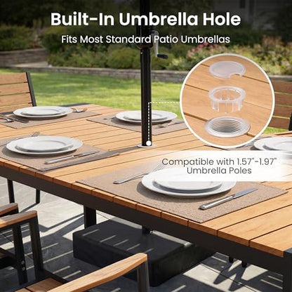 Crestlive Products 11-Piece Outdoor Dining Set, Aluminum 95" Rectangular Table and Stackable Chairs with Umbrella Hole and Arm All-Weather WPC Patio Furniture for 10 for Garden Patio Backyard (Brown)