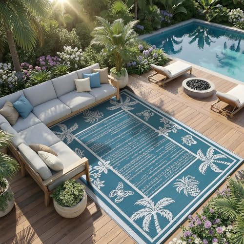 Garvee Outdoor Rug 5x8 Waterproof for Patios, Reversible Plastic Straw Rug, Tropical Leaf Indoor Outdoor Rugs, Large Area Rug for RV, Camping, Deck, Picnic Mat, Outside Carpet, Blue & White