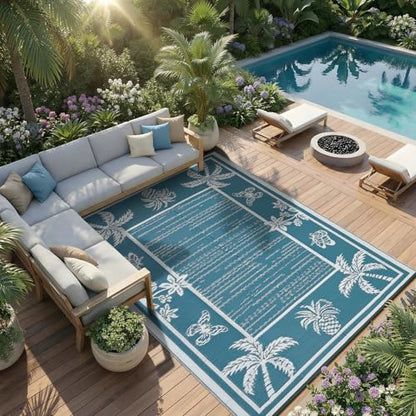 Garvee Outdoor Rug 5x8 Waterproof for Patios, Reversible Plastic Straw Rug, Tropical Leaf Indoor Outdoor Rugs, Large Area Rug for RV, Camping, Deck, Picnic Mat, Outside Carpet, Blue & White