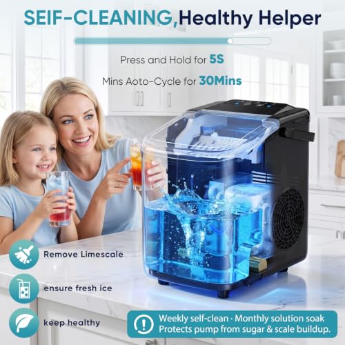 DUMOS Ice Maker Countertop, Ice Machine with Portable Handle, Basket and Scoop, 26lbs Daily, 9 Bullet Cubes in 6-8 Mins, Auto-Cleaning for Home, Kitchen, Office, Outdoors, RV Camping