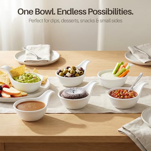 Flexzion Ceramic Dipping Bowls, Small Bowls for Dipping with Handle, Condiment Cups Soy Sauce Dish, Porcelain Ramekins, Sauce Holders, Containers for Small Side Dishes Dips - 3 oz, Set of 6, White
