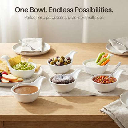 Flexzion Ceramic Dipping Bowls, Small Bowls for Dipping with Handle, Condiment Cups Soy Sauce Dish, Porcelain Ramekins, Sauce Holders, Containers for Small Side Dishes Dips - 3 oz, Set of 6, White