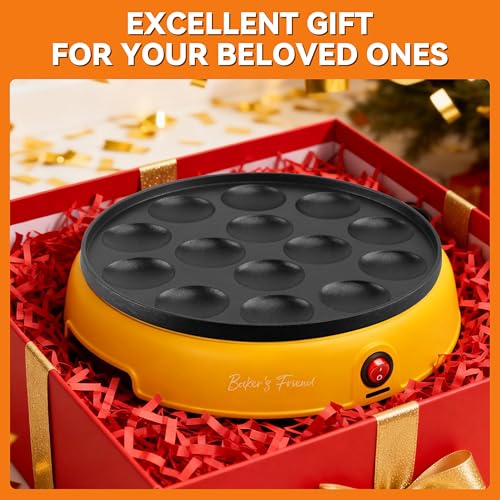 Baker's Friend Mini Pancakes Maker Machine, Dutch Mini Pancake Griddle, 14 Holes Electric Poffertjes Pan, Ideal for Breakfast, Snacks, Desserts & More, Yellow