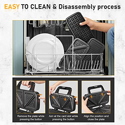 Waffle Maker with Removable Plates, 3-in-1 Sandwich maker and waffle and pancake maker, Nonstick Plates, 5-Level Browning Control & Ready Indicator Lights, Easy to Clean for Family Breakfast