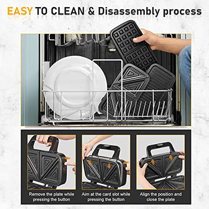 Waffle Maker with Removable Plates, 3-in-1 Sandwich maker and waffle and pancake maker, Nonstick Plates, 5-Level Browning Control & Ready Indicator Lights, Easy to Clean for Family Breakfast