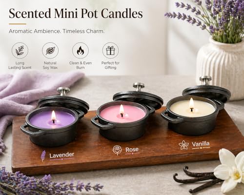 HAWOK Mini Cast Iron Cocottes, Dia 3 inch, 4 oz. Set of 3 PCS, Mini Dutch Oven, with Wooden Tray, 7-Piece, Appetizer/Dessert Sampler, Pre-seasoned