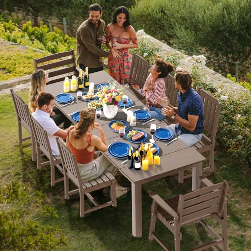 LOUNZY 9 Pieces Patio Dining Sets, Outdoor HDPE Furniture Set for 8 w/ 2" Hole Cut-Out Dining Table with 8 Patio Chairs(2 W/Armrest, 6 w/o Armrest), Brown