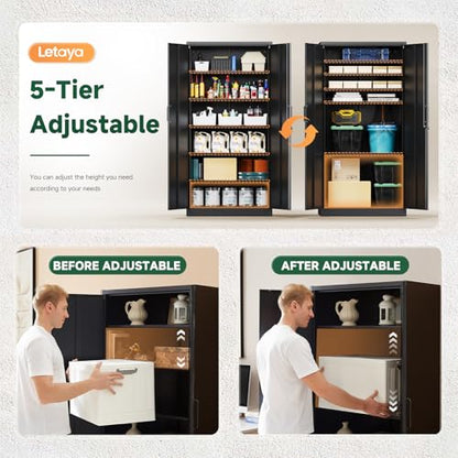 Letaya Metal Storage Cabinets with Lock Doors,Tall Locker Organizer Steel Garage Cabinets, 5 Adjustable Layers Shelves for Home, Office, Warehouse,Tool,Industrial(Black)
