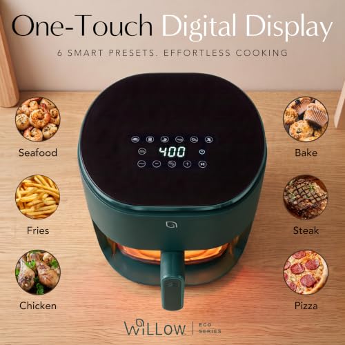 WILLOW Eco Series 6 in 1 Air Fryer with Glass Basket, 5 Quart Non Toxic Air Fryer w Digital Display, 430°F Max Temp, Preheat & Keep Warm Function, Compact + Dishwasher Safe Glass Airfryer - Green