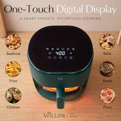 WILLOW Eco Series 6 in 1 Air Fryer with Glass Basket, 5 Quart Non Toxic Air Fryer w Digital Display, 430°F Max Temp, Preheat & Keep Warm Function, Compact + Dishwasher Safe Glass Airfryer - Green