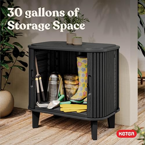 Keter Velo 30 Gallon Outdoor Storage Cabinet, Weather-Resistant Resin Deck Box with Steel Reinforcement, Lockable, Wood-Look Finish, Graphite