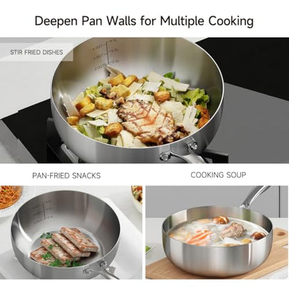 YeKuKing Tri-ply Stainless Steel Saute Pan 7.5-Quart with Clear Lid Deep Frying Pan for Chef's Cooking Wok Induction Oven Dishwasher Safe, Compatible with All Cooktops(Detachable Handle, 13Inch)